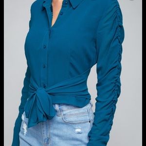 Bebe Wrap Blouse Shirred Sleeve NWT